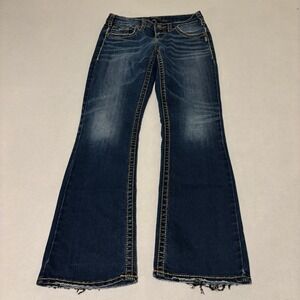 Silver Jeans Co Women 28x31 Aiko Bootcut Dark Wash Distressed Denim Y2K Retro